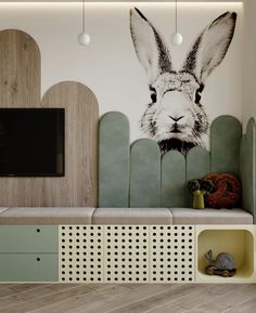 a living room with an animal mural on the wall and wooden furniture in front of it