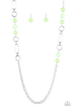 Apple green opaque round beads and transparent faceted beads playfully accent textured round and oval hoops midway down a large silver chain. A triple set of large and small linked chains creates a delightful finish. Features an adjustable clasp closure. Sold as one individual necklace. Includes one pair of matching earrings. Green Beaded Necklace, Green Gems, Paparazzi Accessories, Paparazzi Jewelry, Green Necklace, Apple Green, Green Bead, Fashion Jewelry Necklaces, Necklace Earring Set