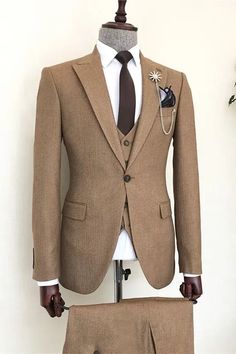 August Bespoke Brown Peaked Lapel Three Pieces Men Suits For Business Camel Suit Mens, Suits Men Slim, Men's Business Suits, Slim Fit Suit Men, Suits Men Business, Pieces Men, Designer Suits For Men, Suit Material, Lapel Jacket