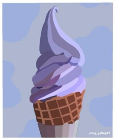 an ice cream sundae with purple icing on it's cone, against a blue sky background