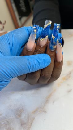 Blue Nails Birthday, Birthday Blue Nails, Blue Extra Nails, Marble Blue Nails, Blue Themed Nails, Blue Nail Inspiration, Royal Blue Nails Black Women, Red Blue Nails, Blue Nails Black Women