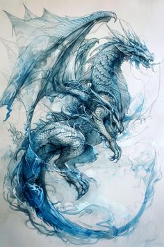 a drawing of two blue dragon sitting on top of a white surface with water swirling around it