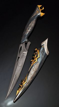 two different types of knifes with intricate designs on them, one is black and the other is gold