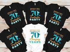 an image of birthday shirts for seventy year old men and women with the words 70th birthday party printed on them