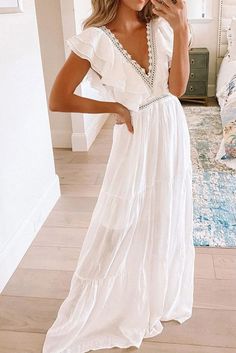 Lasaky - White Lace Trimmed Short Sleeve Dress with Long Skirt White Lace Trim Shorts, Plunge Maxi Dress, White Long Skirt, A Line Maxi Dress, Lace Trim Shorts, Maxi Robes, Boho Lace, Linnet, White Maxi