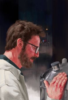 a painting of a man with his hands in front of a blender that is holding something