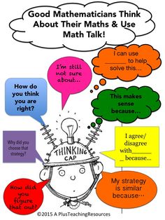 a poster with different types of thinking bubbles and words on it that say, good maths think about their maths & use math talk