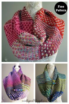 three different pictures of the same scarf, one is multicolored and has buttons on it