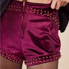 Burgundy Understated Leather Shorts X Free People Velvet Shortie Shorts Brand New Xs Burgundy Bottoms For Fall Party, Burgundy Party Bottoms For Fall, Fall Party Burgundy Bottoms, Fitted Burgundy Bottoms For Party, Fitted Red Shorts For Fall, Lace Denim Shorts, Crochet Lace Shorts, Free People Velvet, Studded Shorts