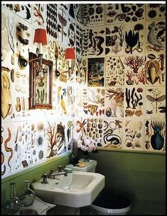 a bathroom decorated with lots of different types of sea life on the wall and ceiling