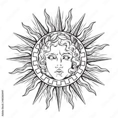 a drawing of the sun with a woman's face