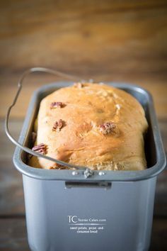 a loaf of bread in a metal container