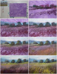 four different pictures of purple and green grass with trees in the background, one has been painted