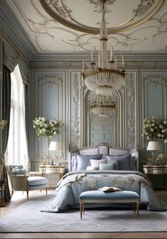 an elegant bedroom with chandelier and blue bedding