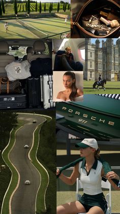 the collage shows many different scenes including golf, cars, and people in various places