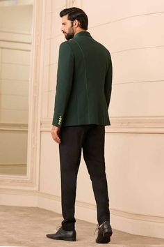 Buy Emerald Green Bandhgala Suiting Fabric Fluted Collared Trouser Set For Men by Tarun Tahiliani Online at Aza Fashions. Green Elegant Sherwani For Formal Occasions, Elegant Green Sherwani For Formal Occasions, Formal Green Fitted Sherwani, Green Fitted Formal Sherwani, Elegant Fitted Green Sherwani, Festive Bandhgala For Workwear, Fitted Bandhgala For Festive Workwear, Luxury Fitted Bandhgala For Workwear, Fitted Bandhgala For Work And Festive Occasions