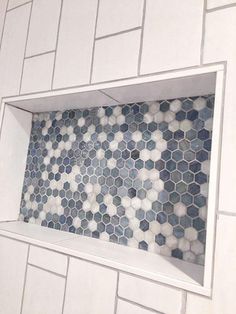 Blue And White Hexagon Glass Mosaic Tile Vanity Backsplash Tile Shower Niche, Bathroom Containers, Mosaic Tile Sheets, Shower Niche, Bathroom Remodel Shower, Blue Tiles, Glass Mosaic Tiles, Shower Remodel, Bathroom Remodel Master