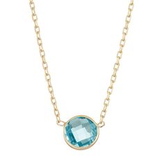 Adorned with an illuminating genuine Swiss blue topaz gemstone, this 10k gold circle pendant offers alluring appeal.PENDANT DETAILS Pendant length: .25 in. Chain length: 17 in. Clasp: spring-ring Metal: 10k gold STONE DETAILS Stone type: genuine Swiss blue topaz Total weight: 7/8 ct. Shape: round Setting: bezel Gemstones may have been treated to enhance their appearance. Special care may be required.  Size: 17". Gender: female. Age Group: adult. Yellow Gold Topaz Round Necklace, Yellow Gold Necklace With Round Topaz, Yellow Gold Topaz Necklace With Round Pendant, Elegant Blue Topaz Birthstone Necklace, Yellow Gold Necklace With Round Blue Topaz, Yellow Gold Blue Topaz Round Necklace, Black Leggings Style, Blue Topaz Gemstone, Circle Pendant Necklace