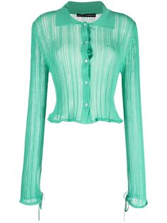 semi-sheer knitted cardigan from Marco Rambaldi featuring mint green, knitted construction, semi-sheer construction, front button fastening, heart-shaped buttons, classic collar, long sleeves, ruffle cuffs and ruffle hem. Ashlynn Ella, Heart Cardigan, Cardigan Green, Velvet Rose, Collared Top, Airport Fashion, Green Outfit, Collar Top, Goth Outfits