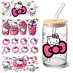 a glass jar with hello kitty stickers on the side and a straw cup next to it