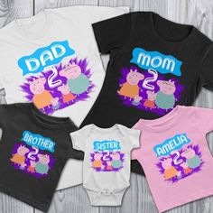 three personalized onesuits with the name and number for each child's age