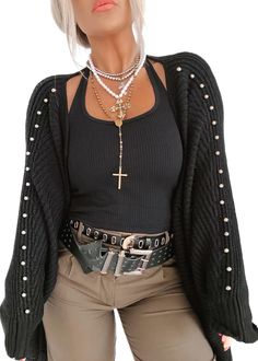 Pebby Forevee | Styling Two Belts: studded cardigan, studded sweater, cross necklace, statement necklace, big buckle belt, tank top outfit, tan pants outfit, edgy outfit, edgy style, belts outfit, maximalist outfit Tan Pants Outfit, Maximalist Outfit, Big Buckle Belt, Studded Sweater, Tan Pants, Tank Top Outfits