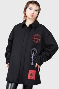 INCENDIARY.- Non-stretch faux wool jacket.- Statement candle, Goetica and Lilith sigil patch graphics. - Concealed button down closure.- Collar.- Fully lined.- Unisex, so it's for everyone!with KILLSTAR branding, Fabric 1: 93% Polyester, 5% Viscose, 2% Elastane. Lining: 95% Polyester, 5% Elastane.Machine wash cold (30°c) / Do not bleach / Do not tumble dry / Iron at low temperature / Do not dry clean. Imported. Winter Workwear Outerwear With Graphic Print, Graphic Print Outerwear For Fall Workwear, Wool Outerwear For Streetwear, Graphic Print Fall Outerwear For Work, Fall Graphic Print Outerwear For Work, Fall Graphic Print Workwear Outerwear, Black Graphic Print Outerwear For Work, Lilith Sigil, Semi Permanent Hair Dye