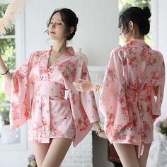 sleepwear · Harajuku fashion · Online Store Powered by Storenvy Retro Summer Dress, Japanese Kimono Dress, Black Lace Kimono, Estilo Harajuku, Island Outfit, Vestidos Color Rosa, Floral Print Kimono, Japanese Dress, Short Gowns