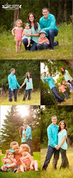 the family is posing for pictures in their field