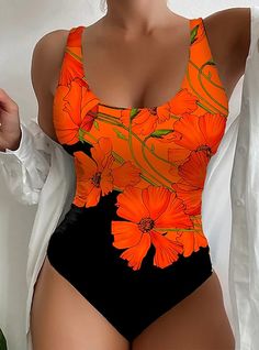 Women's Swimwear One Piece Normal Swimsuit Printing Floral Pink Red Blue Bodysuit Bathing Suits Sports Beach Wear Summer 2023 - US $31.99 Stylish Bathing Suits, Swimsuits Women, Floral Prints Fashion, Orange Swimsuit, Fashionably Late, Blue Bodysuit, Bodysuit Designs, Costume Intero, Pink Swimsuit