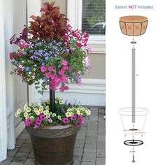 a potted planter with flowers in it and measurements for the basket not included