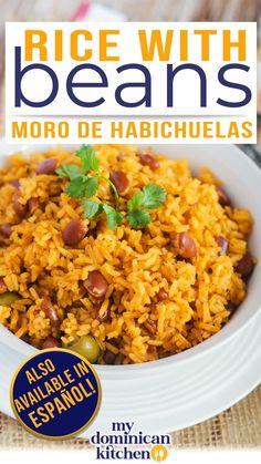 rice with beans in a white bowl on top of a table