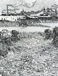 an ink drawing of a farm field with buildings in the background