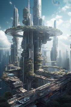 a futuristic city with lots of tall buildings and green trees on the top of it