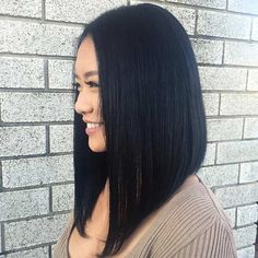 Straight, Angled Lob (Long Bob) Haircut Long Angled Bob Hairstyles, Bob Lung, Deep Black Hair, Long Angled Bob, Long Bobs, Angled Bob Hairstyles, Angled Bob, Long Bob Haircuts, Lob Haircut