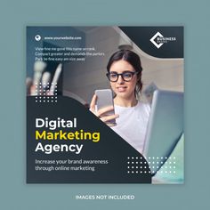 a flyer for a digital marketing company with a woman looking at her phone and holding a laptop