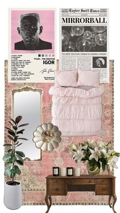 a bedroom with pink and white decor on the wall next to a dresser, mirror, vase