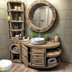 a bathroom with a sink, toilet and wooden shelves