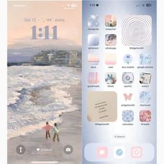 two people walking on the beach next to an iphone screen with images and captions