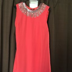 Coral, Chiffon, Lined, Silver Embellishments At Neckline.Dress Embellished Chiffon Dress For Night Out, Cocktail Chiffon Dress With Sequins, Chic Embellished Chiffon Dress, Pink Embellished Chiffon Dress, Coral Dress, Bebe Dresses, Xl Dress, Coral, Colorful Dresses