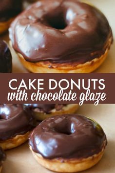 chocolate glazed donuts with chocolate glaze on top and in the background text reads cake donuts with chocolate glaze