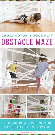 an advertisement for the gross motor indoor play obstacle maze, with kids playing on it