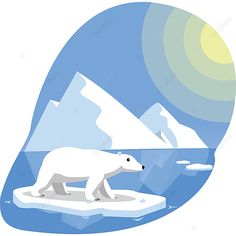 a polar bear is walking on an ice floet with mountains in the background