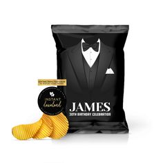 a bag of james's birthday celebration potato chips next to a pack of gold foil