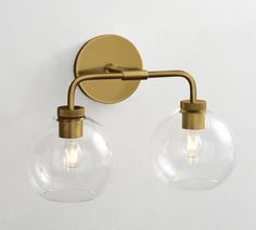 two clear glass globes are on the wall light