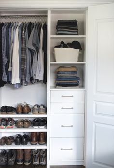 an organized closet with shoes and clothes