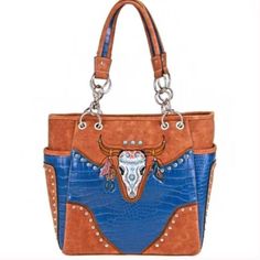 New Western-Themed Handbag With Longhorn Embroidery And Leather-Like Materials. Interior Features One Zipper Pocket And Two Open Pockets Within One Big Compartment. The Back Features A Sideways Zipper Pocket. Faux Croc Pattern 13"W X 12"H X 6"D The Blue Color Is Darker Than What The Color Shows. More Like Navy Blue. Tags: Western, Country, Boho, Cowgirl, Steer Skull Animal Print Snake Bull Skull Feathers Native Aztec Tribal Indian #B23 Blue Embroidered Satchel Bag, Blue Hand Tooled Rectangular Shoulder Bag, Blue Rectangular Hand Tooled Shoulder Bag, Blue Hand-tooled Bag For Everyday Use, Blue Hand Tooled Bag For Everyday Use, Blue Hand Tooled Bags For Daily Use, Hand Tooled Blue Bag For Daily Use, Hand Tooled Blue Bags For Daily Use, Skull Animal