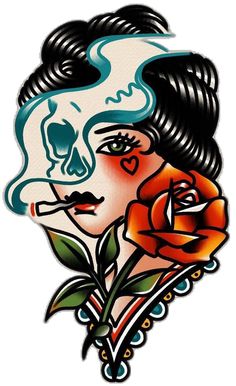 a drawing of a woman with a skull on her head and a rose in her hand