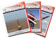 three flyers with an image of a man holding a rocket in his hand and the words peak of flight on them