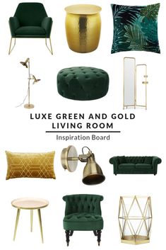 green velvet sofas and chairs with gold accents in various sizes, shapes and colors